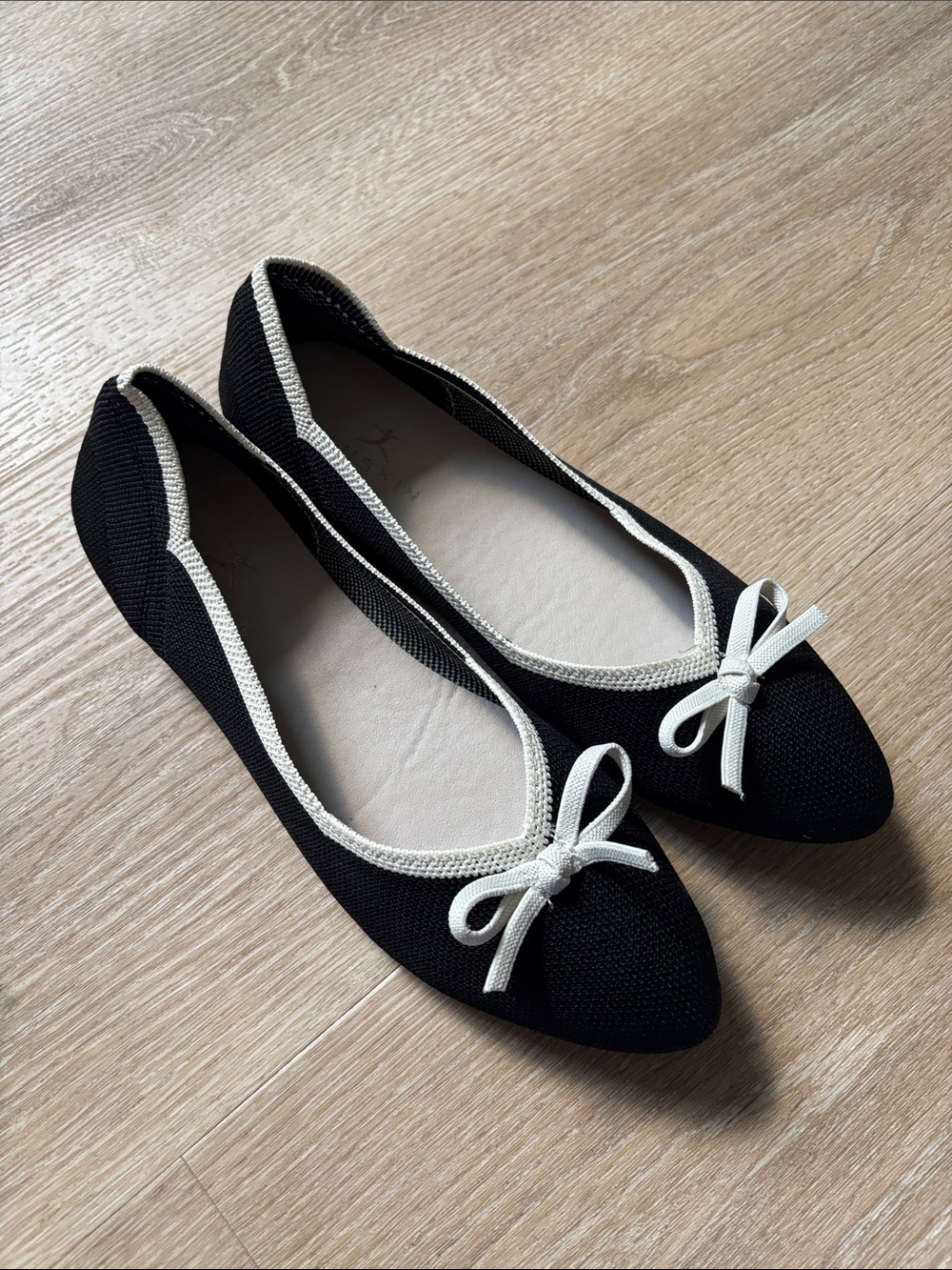 Danskin Black Ballet Flats with Cream Trim and Bow Accent